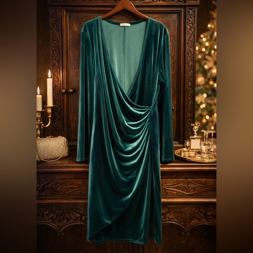 Emerald Teal Velvet Ruched Wrap Dress (Plus Size 2X)
